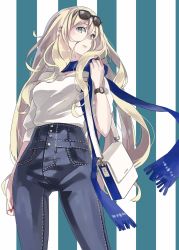 Rule 34 | 1girl, bag, blonde hair, blue eyes, blue scarf, breasts, closed mouth, commentary request, contemporary, denim, eyewear on head, from below, hair between eyes, high-waist pants, highres, jeans, jewelry, kantai collection, long hair, looking at viewer, medium breasts, nail polish, necklace, pants, richelieu (kancolle), ring, scarf, shoulder bag, simple background, solo, striped, striped background, sugue tettou, vertical stripes, watch, wristwatch
