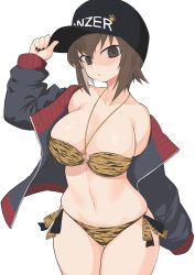 Rule 34 | 1girl, animal print, baseball cap, bikini, black hat, black jacket, breasts, brown bikini, brown eyes, brown hair, collarbone, commentary request, cowboy shot, girls und panzer, hat, highres, jacket, large breasts, looking at viewer, nishizumi maho, o-ring, o-ring bikini, short hair, side-tie bikini bottom, simple background, solo, swimsuit, tiger print, white background, yabai gorilla