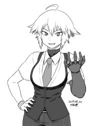 Rule 34 | 1girl, ahoge, dana zane, dated, greyscale, hair between eyes, hand on own hip, looking at viewer, mechanical arms, monochrome, necktie, pants, pinstripe pants, pinstripe pattern, short hair, signature, single mechanical arm, solo, striped, tsukudani (coke-buta), v-neck, va-11 hall-a, vest, wristband