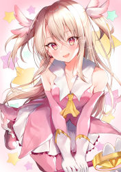 Rule 34 | 1girl, absurdres, ascot, bare shoulders, blush, boots, breasts, cape, dress, elbow gloves, fate/kaleid liner prisma illya, fate (series), feather hair ornament, feathers, gloves, hair between eyes, hair ornament, highres, illyasviel von einzbern, kaleidostick, layered gloves, long hair, looking at viewer, magical ruby, nenobi (nenorium), open mouth, pink dress, pink footwear, pink gloves, prisma illya, red eyes, sidelocks, skirt, small breasts, smile, thigh boots, thighhighs, two side up, wand, white cape, white gloves, white hair, white skirt