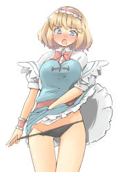 Rule 34 | 1girl, alice margatroid, arnest, bad id, bad twitter id, blonde hair, blue dress, blue eyes, blush, bow, breasts, capelet, clothes lift, dress, dress lift, groin, hairband, highres, large breasts, lolita hairband, open mouth, puffy short sleeves, puffy sleeves, red bow, red hairband, red neckwear, short hair, short sleeves, simple background, solo, tears, touhou, white background, white capelet, wind, wind lift