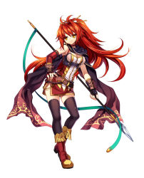 Rule 34 | 1girl, belt, black thighhighs, boots, breasts, cape, capura lin, cleavage, fingerless gloves, full body, gloves, hair ornament, holding, holding weapon, long hair, orange hair, original, polearm, simple background, smile, solo, tattoo, thighhighs, very long hair, weapon, white background, yellow eyes