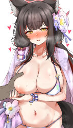 Rule 34 | 1boy, 1girl, animal ears, bead bracelet, beads, bikini, black hair, blue archive, blush, bracelet, grabbing another&#039;s breast, breasts, cleavage, fingernails, flower, fox ears, fox girl, fox tail, grabbing, hair flower, hair ornament, heart, hetero, highres, jewelry, large breasts, long fingernails, long hair, looking at viewer, machismo fuji, navel, nipples, one breast out, open mouth, smile, solo focus, swimsuit, tail, wakamo (blue archive), wakamo (swimsuit) (blue archive), white background, yellow eyes
