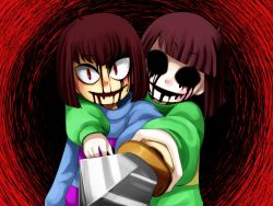 Rule 34 | androgynous, black blood, black sclera, blood, blood from mouth, bloody tears, blunt bangs, brown hair, chara (undertale), colored blood, colored sclera, dagger, dark persona, dreamy-94, evil smile, eyebrows, frisk (undertale), gender request, glint, hug, hug from behind, knife, long sleeves, looking at viewer, no pupils, open mouth, outstretched arms, red eyes, signature, slit pupils, smile, spoilers, striped clothes, striped sweater, sweater, undertale, upper body, weapon