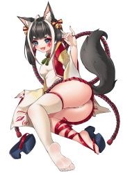 Rule 34 | :3, absurdres, ahoge, animal ear fluff, animal ears, arm up, ass, bell, black hair, blue eyes, breasts, eyebrows, fangs, feet, fox ears, fox girl, fox shadow puppet, fox tail, hair ornament, hand gesture, highres, jewelry, jingle bell, legs, long hair, lying, multicolored hair, nail polish, narurock8925, on side, open mouth, original, panties, red skirt, ring, sandals, shadow puppet, shirt, simple background, single thighhigh, skirt, small breasts, smile, soles, solo, streaked hair, tail, tattoo, thighhighs, thighs, toes, twintails, underwear, white background, white panties, white shirt