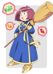 Rule 34 | 1girl, antenna hair, artist name, blue robe, blush stickers, broom, candy, cotton (character), cotton (game), drooling, food, framed, full body, hiro hiroki, purple eyes, purple hair, robe, short hair, simple background, solo, spoken object, yellow footwear