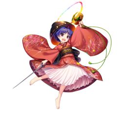 Rule 34 | 1girl, barefoot, black hat, bowl, bowl hat, double dealing character, full body, game cg, hat, highres, holding, holding weapon, japanese clothes, kimono, long sleeves, looking at viewer, miracle mallet, needle sword, open mouth, purple hair, red eyes, red kimono, rotte (1109), sash, short hair, simple background, skirt, solo, sukuna shinmyoumaru, third-party source, touhou, touhou lostword, weapon, white background, white skirt, wide sleeves