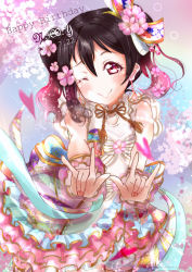 Rule 34 | 1girl, ;), aqua bow, aqua ribbon, aqua skirt, artist name, artist request, bare shoulders, black hair, blush, bow, bracelet, breasts, cherry blossom fairy (love live!), collared dress, double m/, dress, dress bow, earrings, female focus, floating hair, flower, flower print, frilled dress, frills, hair between eyes, hair bow, hair flower, hair ornament, heart, heart earrings, highres, jewelry, long hair, looking at viewer, love live!, love live! school idol festival, love live! school idol festival all stars, love live! school idol project, minami yuka (kimikoko thanks), minami yuka (pixiv), miniskirt, nail, nail polish, one eye closed, orange nails, parted lips, pink bow, pink dress, pink flower, pink ribbon, pink skirt, plaid, plaid dress, plaid skirt, pleated, pleated dress, pleated skirt, red eyes, ribbon, short hair, short twintails, skirt, sleeveless, sleeveless dress, smile, solo, striped, striped bow, twintails, white bow, white dress, white wrist cuffs, wink, wrist cuffs, yazawa nico