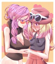 Rule 34 | 2girls, absurdres, artist request, bare shoulders, black shirt, blonde hair, blush, breasts, cleavage, creatures (company), female focus, game freak, hand grab, hat, heart, highres, large breasts, long hair, looking at another, malva (pokemon), multicolored hair, multiple girls, nintendo, nipples, orange background, pink hair, pokemon, pokemon xy, red-tinted eyewear, red-tinted glasses, serena (pokemon), shirt, shy, skirt, small breasts, smile, sunglasses, tagme, tinted eyewear, two-tone hair, yuri