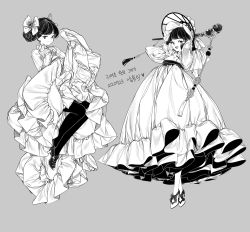 Rule 34 | 2girls, blunt bangs, bonnet, bow, braid, braided bun, closed mouth, dated, dress, floating, footwear bow, frilled dress, frills, full body, greyscale, hair bow, hair bun, hair ornament, hair stick, hanbok, hands on own head, hands up, high heels, korean clothes, korean commentary, korean text, lemon89h, long sleeves, looking at viewer, monochrome, multiple girls, open mouth, original, pantyhose, plantar flexion, puffy long sleeves, puffy sleeves, simple background, single side bun, sleeves past wrists, smile, standing, tassel, updo
