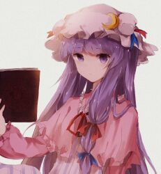 Rule 34 | 1girl, blue ribbon, blunt bangs, book, bun cover, capelet, collar, collared dress, crescent, crescent hat ornament, dianqiwei wubaqi, double bun, dress, expressionless, frilled collar, frilled sleeves, frills, hair bun, hair ribbon, hat, hat ornament, hat ribbon, holding, holding book, long hair, long sleeves, looking at viewer, mob cap, neck ribbon, patchouli knowledge, pink capelet, puffy sleeves, purple dress, purple eyes, purple hair, purple hat, purple stripes, red ribbon, ribbon, robe, sidelocks, simple background, solo, striped clothes, striped dress, touhou, upper body, vertical-striped clothes, vertical-striped dress, white background