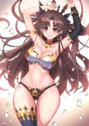 Rule 34 | 1girl, armlet, armpits, arms up, asymmetrical legwear, asymmetrical sleeves, bikini, black bikini, black bow, blush, bow, breasts, brown hair, cleavage, collarbone, detached collar, earrings, fate/grand order, fate (series), hair bow, highleg, highleg bikini, highres, hip focus, hoop earrings, ishtar (fate), jewelry, large breasts, long hair, looking at viewer, mismatched bikini, navel, neck ring, parted bangs, red eyes, rothy (user cezn8425), single thighhigh, smile, solo, swimsuit, thigh gap, thighhighs, thighs, tiara, two side up, uneven legwear, uneven sleeves, white bikini, wide hips