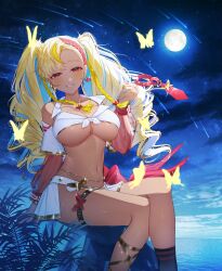 Rule 34 | 1girl, bare shoulders, blonde hair, blue hair, breasts, bug, butterfly, cleavage, colored inner hair, commission, crop top, dark-skinned female, dark skin, drill hair, full moon, half-closed eyes, highres, insect, large breasts, long hair, looking at viewer, moon, multicolored hair, night, night sky, ocean, original, red eyes, red hair, revealing clothes, see-through, see-through sleeves, sitting, skeb commission, sky, smile, solo, star (sky), syandega, thigh strap, twintails, underboob
