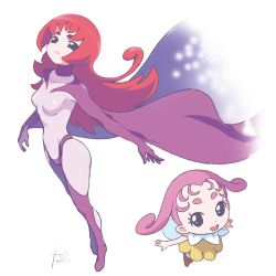 Rule 34 | 2girls, :d, black eyes, bodysuit, breasts, cape, chibi, commentary request, copyright request, flying, long hair, looking at viewer, multiple girls, open mouth, parted lips, purple cape, red hair, reiesu (reis), simple background, small breasts, smile, white background