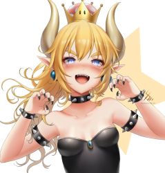 Rule 34 | 1girl, armlet, bare shoulders, black nails, blonde hair, blue eyes, blush, bowsette, bracelet, breasts, cleavage, collar, collarbone, crown, earrings, fangs, fingernails, half-closed eyes, horns, jewelry, looking at viewer, mario (series), nail polish, new super mario bros. u deluxe, nintendo, nyeeshii, open mouth, pointy ears, ponytail, sharp fingernails, sharp teeth, simple background, sleeveless, small breasts, smile, solo, spiked armlet, spiked bracelet, spiked collar, spikes, star (symbol), strapless, super crown, teeth, thick eyebrows, upper body, white background