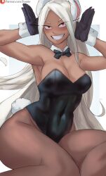 Rule 34 | 1girl, :d, animal ears, armpits, arms up, bare shoulders, black bow, black bowtie, black gloves, black leotard, boku no hero academia, bow, bowtie, breasts, cleavage, covered navel, curvy, dark-skinned female, dark skin, detached collar, female focus, funi xd, gloves, grin, hands up, highleg, highleg leotard, highres, large breasts, leotard, long eyelashes, long hair, looking at viewer, mirko, open mouth, parted bangs, patreon logo, patreon username, playboy bunny, rabbit ears, rabbit girl, rabbit pose, rabbit tail, red eyes, sitting, smile, solo, strapless, strapless leotard, tail, teeth, thick thighs, thighs, toned, traditional bowtie, very long hair, watermark, web address, white hair, wrist cuffs