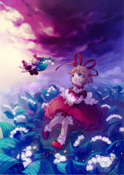 Rule 34 | 1girl, amo (shibu3), ankle socks, blonde hair, blue eyes, cloud, cloudy sky, fairy wings, flower, flying, hair ribbon, knees together feet apart, leaf, lily of the valley, looking at another, medicine melancholy, open hands, outdoors, puffy short sleeves, puffy sleeves, ribbon, shoes, short hair, short sleeves, sitting, skirt, skirt set, sky, smile, socks, solo, su-san, touhou, twilight, wings
