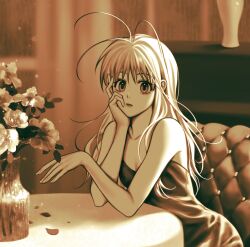 Rule 34 | 1girl, antenna hair, bare arms, bare shoulders, blurry, breasts, brown theme, cleavage, curtains, depth of field, dress, fingernails, flower, hair down, hand on own cheek, hand on own face, hands up, head rest, highres, hunter x hunter, indoors, long hair, looking at viewer, monochrome, neon nostrade, nishi2023, outstretched arm, petals, photo-referenced, sitting, sleeveless, sleeveless dress, small breasts, solo, upper body, vase