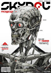 Rule 34 | absurdres, artist name, barcode, commentary, cover, cyborg, english commentary, english text, fake magazine cover, glowing, glowing eyes, highres, humanoid robot, johnson ting, machinery, magazine cover, no humans, photoshop (medium), red eyes, robot, science fiction, t-800, terminator (series), the terminator