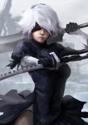 Rule 34 | absurdres, black dress, blindfold, cleavage cutout, clothing cutout, covered eyes, cowboy shot, dress, facing viewer, feather-trimmed sleeves, highres, holding, holding sword, holding weapon, juliet sleeves, lien-tsu, long sleeves, nier (series), nier:automata, puffy sleeves, silver hair, solo, sword, sword behind back, thighs, vambraces, weapon, 2b (nier:automata)