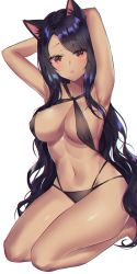 Rule 34 | 1girl, :o, animal ears, armpits, arms behind head, arms up, bare shoulders, barefoot, bikini, black bikini, black hair, breasts, cat ears, character request, cleavage, commission, criss-cross halter, dungeon and fighter, groin, halterneck, highres, kneeling, large breasts, long hair, looking at viewer, multi-strapped bikini, navel, open mouth, poho, red eyes, simple background, solo, stomach, string bikini, swimsuit, thighs, very long hair, white background