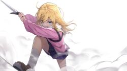 Rule 34 | 1girl, artist request, attack, blonde hair, blue eyes, breasts, chrono ark, fighting stance, fog, game cg, highres, holding, holding sword, holding weapon, jacket, long hair, long sleeves, looking at viewer, lucy (chrono ark), non-web source, official art, open mouth, scarf, shoes, skirt, small breasts, sneakers, socks, sprite, sword, thighs, transparent background, weapon