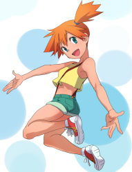 Rule 34 | 1girl, @@@, anime coloring, ass, bad id, bad pixiv id, bare shoulders, blue eyes, breasts, creatures (company), crop top, crop top overhang, denim, denim shorts, full body, game freak, jumping, looking at viewer, midriff, misty (pokemon), nintendo, open mouth, orange hair, pokemon, pokemon (anime), pokemon (classic anime), ponytail, red footwear, shirt, shoes, short hair, short ponytail, short shorts, shorts, side ponytail, sleeveless, sleeveless shirt, smile, sneakers, solo, suspenders, tank top, wide ponytail, yellow shirt