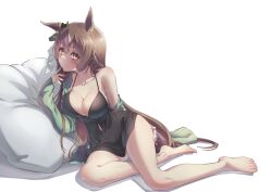 Rule 34 | animal ears, bare legs, bare shoulders, barefoot, black dress, blush, braid, breasts, brown eyes, brown hair, cleavage, closed mouth, commentary request, diamond (shape), dress, ear ornament, green jacket, highres, horse ears, horse girl, horse tail, jacket, large breasts, liking, long sleeves, looking at viewer, multicolored hair, off shoulder, open clothes, open jacket, satono diamond (umamusume), sitting, sleeveless, sleeveless dress, streaked hair, tail, umamusume, white hair, yokozuwari
