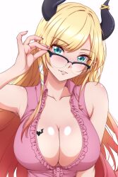 1girl adjusting_eyewear bare_shoulders blonde_hair blue_eyes blush breast_tattoo breasts cleavage collarbone demon_girl demon_horns frilled_shirt frills glasses highres hololive horns large_breasts long_hair p-nekoe pink_shirt shirt simple_background solo tattoo upper_body virtual_youtuber white_background winged_heart_tattoo yuzuki_choco yuzuki_choco_(1st_costume)