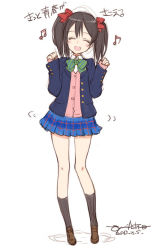 Rule 34 | 10s, 1girl, :d, ^ ^, ascii media works, black hair, blazer, bow, bowtie, closed eyes, full body, hair bow, jacket, loafers, love live!, love live! school idol project, miniskirt, ooyari ashito, open mouth, school uniform, shoes, simple background, skirt, smile, socks, solo, standing, translation request, twintails, white background, yazawa nico