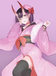 Rule 34 | 1girl, :d, alternate costume, arm support, bad id, bad pixiv id, bead bracelet, beads, bespectacled, black thighhighs, bow, bracelet, commentary request, fang, fate/grand order, fate (series), floral print, fur collar, glasses, hat, horns, japanese clothes, jewelry, kimono, looking at viewer, lying, mini hat, mobu, obi, on side, oni, open mouth, pink hat, pink kimono, pointy ears, print kimono, purple background, purple eyes, purple hair, red bow, round eyewear, sash, short hair, shuten douji (dress for demons) (fate), shuten douji (fate), simple background, skin-covered horns, smile, solo, thighhighs