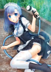 Rule 34 | 1girl, :o, apron, blue eyes, blue hair, blush, boots, cross-laced footwear, dress shirt, hair ornament, hairclip, highres, holding, hose, howa (howaito), lace-up boots, long hair, looking at viewer, lying, maid, maid apron, maid headdress, matching hair/eyes, moe2015, neck ribbon, original, outdoors, ribbon, see-through, shirt, solo, thighhighs, water, wet, wet clothes, wet shirt, white shirt, white thighhighs