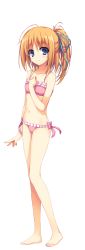 Rule 34 | 1girl, absurdres, bare legs, bare shoulders, bikini, blue eyes, flat chest, full body, hand on own chest, highres, kizuna, looking at viewer, non-web source, orange hair, pink bikini, reminiscence, side ponytail, simple background, solo, swimsuit, tomose shunsaku, transparent background, white background