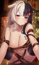 Rule 34 | 1girl, absurdres, animal ears, bell, black hair, black thighhighs, blush, breasts, christmas, christmas ornaments, christmas tree, cleavage, closed mouth, collarbone, commentary request, cow ears, cow horns, hair bell, hair ornament, highres, horns, large breasts, long hair, looking at viewer, mole, mole under eye, multicolored hair, naked ribbon, navel, original, outstretched arms, purple eyes, reel (riru), ribbon, solo, split-color hair, spread legs, stomach, thighhighs, thighs, two-tone hair, two-tone ribbon, white hair