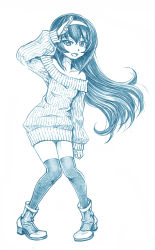 Rule 34 | 1girl, ankle boots, bbb (friskuser), blue theme, boots, dress, full body, girls und panzer, hairband, highres, long hair, long sleeves, looking at viewer, monochrome, off-shoulder dress, off shoulder, one eye closed, reizei mako, ribbed dress, salute, short dress, smile, solo, standing, sweater, sweater dress, thighhighs, wind