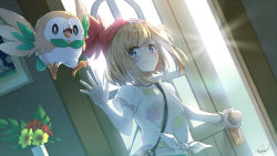 Rule 34 | 1girl, bad id, bad pixiv id, bag, beanie, blonde hair, blush, bracelet, closed mouth, commentary request, creatures (company), game freak, gen 7 pokemon, grey eyes, hat, holding, jewelry, medium hair, nintendo, opening door, picture frame, plant, pokemon, pokemon (creature), pokemon sm, potted plant, red headwear, rowlet, rupinesu, selene (pokemon), shirt, short sleeves, shoulder bag, signature, smile, t-shirt, tied shirt, watermark, waving