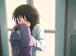 Rule 34 | 1girl, blush, bow, brown eyes, brown hair, covering own mouth, door, dress, dress shirt, full-face blush, hair bow, holding, holding clothes, indoors, looking at viewer, no headwear, shirt, short hair, sidelocks, smelling, smelling clothes, solo, tears, touhou, towel, towel rack, unagi sango, usami renko