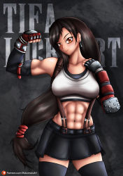 Rule 34 | 1girl, bare shoulders, belt, black hair, black skirt, breasts, brown eyes, closed mouth, collarbone, cowboy shot, detached sleeves, earrings, final fantasy, final fantasy vii, fingerless gloves, gloves, hands on own hips, highres, jewelry, large breasts, long hair, low-tied long hair, midriff, miniskirt, muscular, muscular female, navel, patreon logo, patreon username, pencil skirt, rokumaruart, shirt, signature, skirt, smile, solo, standing, stomach, suspender skirt, suspenders, swept bangs, tank top, taut clothes, taut shirt, thighhighs, tifa lockhart, toned, very long hair, watermark