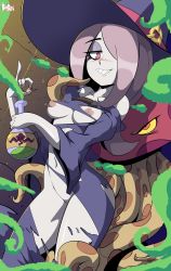 Rule 34 | 1girl, bigdead, blush, breasts, dress, grin, hair over one eye, half-closed eyes, hat, highres, little witch academia, medium breasts, nipples, pale skin, pink hair, potion, pussy, red eyes, robe, sharp teeth, smile, solo, sucy manbavaran, teeth, wide sleeves, witch, witch hat