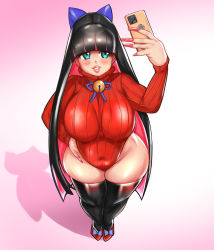 Rule 34 | 1girl, black hair, black thighhighs, blunt bangs, blush, bow, breasts, cellphone, covered navel, curvy, fingernails, from above, full body, gradient background, green eyes, hair bow, high heels, highres, keigi, large breasts, leotard, lips, long fingernails, long hair, long sleeves, multicolored hair, nail polish, panty &amp; stocking with garterbelt, phone, pink background, pink hair, smartphone, smile, solo, standing, stocking (psg), thighhighs, turtleneck, two-tone hair, wide hips