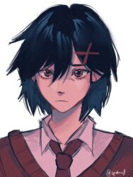 Rule 34 | 1girl, artist name, black hair, brown eyes, close-up, closed mouth, cropped, depressed, dress shirt, frown, hair ornament, hair strand, highres, light frown, long bangs, looking at viewer, marvel, necktie, peni parker, profile, raised eyebrows, red necktie, red sweater, school uniform, shirt, sketch, spider-man: across the spider-verse, spider-man (series), spider-verse, spidercvlt, sweater, third-party edit, twitter username, white shirt, x hair ornament
