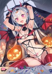 Rule 34 | 1girl, arm strap, armpits, ascot, bat hair ornament, bat wings, blush, breasts, candy, choker, demon girl, fake horns, fangs, food, garter straps, grey hair, groin, hair ornament, hairband, halloween, heart, heart-shaped pupils, highres, holding, horns, jack-o&#039;-lantern, lollipop, long hair, looking at viewer, medium breasts, mhk (mechamania), multiple piercings, navel, open mouth, original, pink eyes, pubic tattoo, revealing clothes, scrunchie, skindentation, smile, solo, spread legs, stomach, straddling, demon girl, symbol-shaped pupils, tattoo, thighhighs, twintails, very long hair, wings, wrist scrunchie