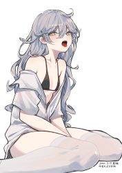 Rule 34 | 1girl, :o, absurdres, ahoge, bare shoulders, between legs, bikini, black bikini, breasts, grey hair, grey shirt, highres, long hair, looking at viewer, messy hair, mimelond, no pants, off shoulder, open mouth, original, shirt, short sleeves, simple background, sitting, small breasts, solo, string bikini, swimsuit, thighhighs, thighs, tongue, tongue out, wariza, white background, white thighhighs, yellow eyes