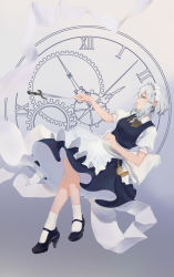 Rule 34 | 1girl, absurdres, apron, black footwear, blue background, blue eyes, braid, breasts, clock, closed mouth, commentary request, dress, ears visible through hair, fei mao, full body, gradient background, grey background, high heels, highres, izayoi sakuya, knife, maid, maid apron, maid headdress, medium breasts, neck ribbon, puffy short sleeves, puffy sleeves, ribbon, roman numeral, shirt, shoes, short hair, short sleeves, side braids, socks, solo, touhou, watch, white socks