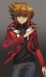Rule 34 | 1boy, black shirt, brown eyes, brown hair, card, closed mouth, duel academy uniform (yu-gi-oh! gx), gradient background, grey background, grey pants, hair between eyes, highres, holding, holding card, jacket, long hair, long sleeves, looking at viewer, male focus, multicolored hair, open clothes, open jacket, pants, red jacket, rourou ill, shirt, smile, solo, turtleneck, two-tone hair, yu-gi-oh!, yu-gi-oh! gx, yuki judai