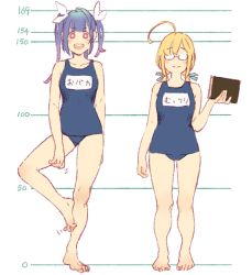 Rule 34 | 2girls, ahoge, barefoot, blonde hair, blue hair, blunt bangs, book, breasts, commentary request, glasses, hair ribbon, height chart, highres, i-19 (kancolle), i-8 (kancolle), kantai collection, large breasts, long hair, low twintails, multiple girls, name tag, narrow waist, opaque glasses, parted bangs, red eyes, ribbon, school swimsuit, standing, star-shaped pupils, star (symbol), swimsuit, symbol-shaped pupils, teeth, translation request, tri tails, twintails, upper teeth only, uyama hajime, white background