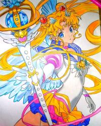 Rule 34 | 1girl, angel wings, artist request, bishoujo senshi sailor moon, blonde hair, blue eyes, brooch, heart, heart brooch, long hair, looking at viewer, magical girl, multicolored clothes, multicolored skirt, sailor moon, simple background, skirt, solo, tagme, traditional media, tsukino usagi, white background, wings