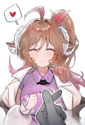 Rule 34 | 1girl, 1other, ^ ^, absurdres, ahoge, animal ears, arknights, blush, breasts, brown hair, closed eyes, closed mouth, collared shirt, commentary, commentary request, elsi, english commentary, eyjafjalla (arknights), eyjafjalla the hvit aska (arknights), finger heart, gloves, grey gloves, hair between eyes, hair intakes, hands up, heart, highres, horns, jacket, korean commentary, long hair, long sleeves, medium breasts, one side up, open clothes, open jacket, puffy long sleeves, puffy sleeves, purple shirt, sheep ears, sheep girl, sheep horns, shirt, simple background, smile, spoken heart, upper body, white background, white jacket