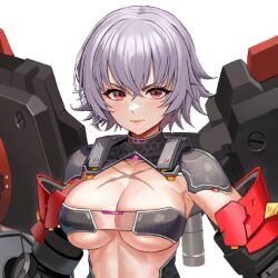 1girl armor armpit_crease bandeau breasts cleavage closed_mouth cross_scar crossed_bangs eyelashes female_focus game_cg grey_hair large_breasts last_origin looking_at_viewer mechanical_wings official_art power_armor red_eyes retsuna sarena_(last_origin) scar scar_on_chest short_hair shoulder_armor skindentation taesi toned toned_female transparent_background upper_body v-shaped_eyebrows wings