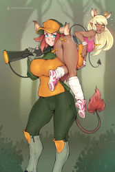 Rule 34 | 2girls, animal ears, antenna hair, ass, baseball cap, bbc-chan, blonde hair, blue eyes, blush, boots, borrowed character, breasts, bulge, calixa (syrila), carrying over shoulder, commentary, commission, couple, cow girl, cow horns, cow tail, dark skin, deer ears, deer tail, demon girl, demon tail, english commentary, extra tails, fake animal ears, fake antlers, fake tail, forest, gloves, gun, hat, height difference, highres, horns, huge breasts, hunting, knee boots, knee pads, leg warmers, licking lips, lifting person, long hair, maeya (momoda), medium breasts, multiple girls, nature, original, pants, partially fingerless gloves, pink footwear, red hair, rifle, shoes, short shorts, shorts, sneakers, suction cups, tail, tank top, thighs, tongue, tongue out, trigger discipline, weapon, wristband, yellow eyes, you gonna get raped, yuri